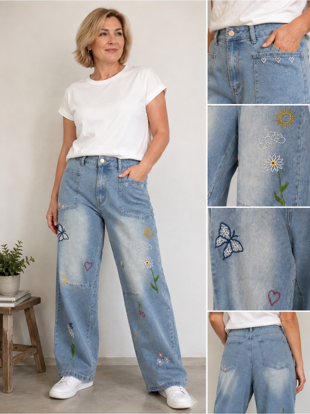 Embroidered Wide Leg Jeans Floral Butterfly Sun Denim Pants Size L (Fits M/L)